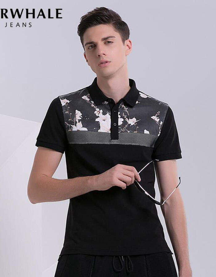 馬克華菲短袖POLO衫 2016春季新品男士修身碎花拼接黑色短袖T恤7161217011 099黑色 175/L